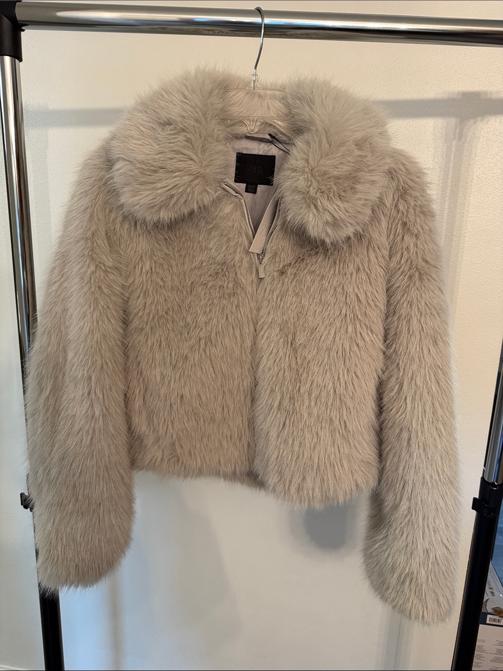 Zara Faux Fur Cropped Jacket in Light Taupe
